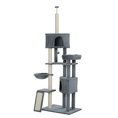MilleLoom Cat Tree, 105-Inch Cat Tower for Indoor Cats with 3 Perches, 2 Caves, Basket, and Scratching Board, Adjustable Height, Safety Rope, Suitable for Medium to Big Cats