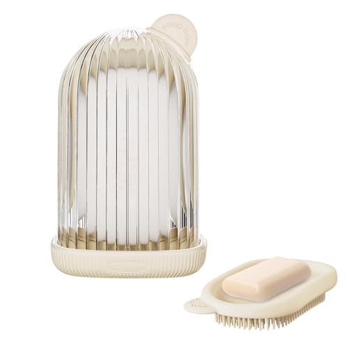 Disnace Boite a Savon Voyage, Boîte à Savon Portable de Voyage, Boîtes à Savons de Voyages Étanche avec Brosse en Silicone, Porte-Savons Anti-Fuite pour Camping Gym Voyages, Crème Blanche