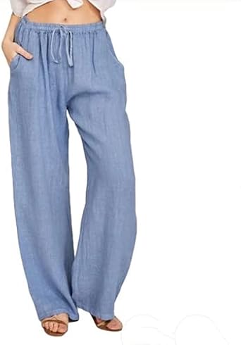 Fanvereka Linen Pants Women Loose Drawstring High Waist Sweatpants Solid Color Trousers with Pockets for Summer Fall