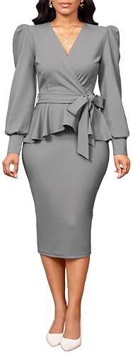 Image of Dresses for Women Elegant Long Sleeves Ruffles Pencil Knee Length Split Business Dress with Belt Zipper