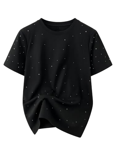 Image of RoseSeek Women's Beaded Sequin Tops Bowknot Bow T Shirt Short Sleeve Crewneck Trendy Tee Top Y2k Tops
