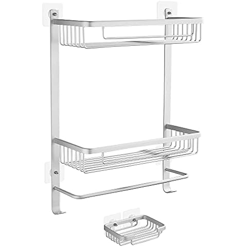 Hoomtaook Shower Shelf Bathroom Shelves No Drilling Bathroom Accessories Shower Caddy with Towel Rail, Soap Dish and Hooks 4 in 1 Storage Organiser Aluminum Rustroof Basket White Cover