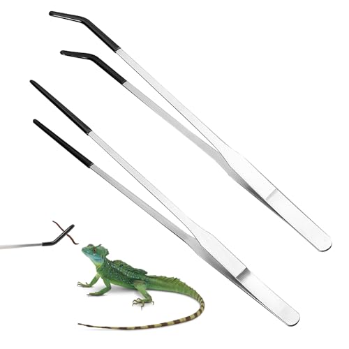 Watlikeup 2Pcs Reptile Feeding Tongs with Rubber Tip,Stainless Steel Straight and Curved Long Aquarium Tweezers,Duty Extra Long Tweezers for Aquarium and Terrarium