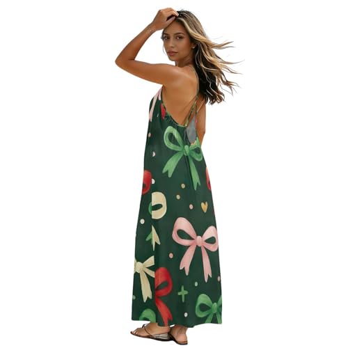 Robe longue à bretelles pour femme avec nœuds de Noël rouge et vert