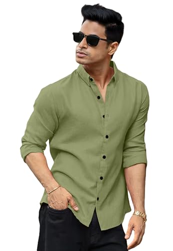 Image of Men's Cotton Casual Shirt, Long Sleeve Button Down, Mandarin Collar, Mustard Yellow, Brown, Rust Colours