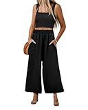 luvamia 2 Piece Outfit Smocked Crop Top Pants Set Women 2 Piece Outfits Casual Work Outfits for Women Black Two Piece Outfits for Women Matching Set Black Large Fits Size 12 / Size 14