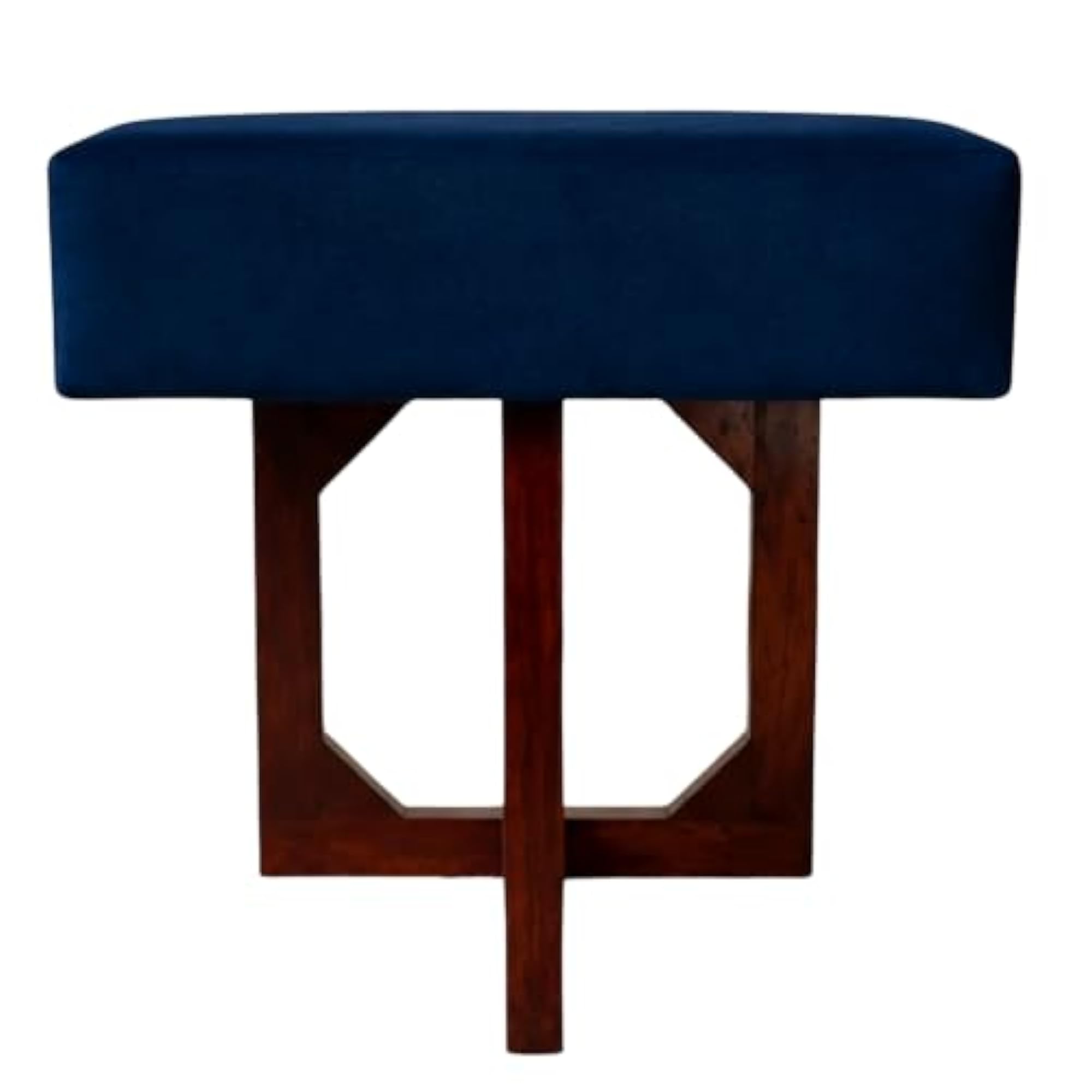 Wooden Stool with Navy Blue Upholstered Cushion