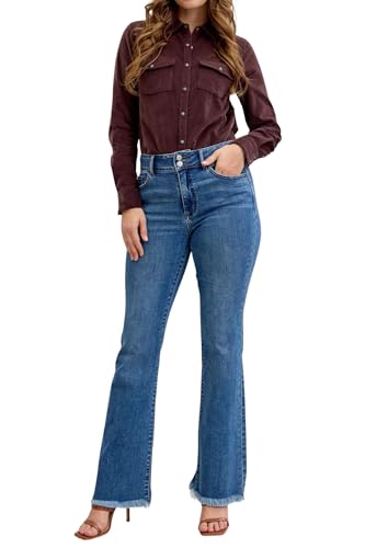 Judy Blue Women’s High Waist Bootcut Jeans – Double Button WB, Fray Hem, Stretch Denim, Inseam 32