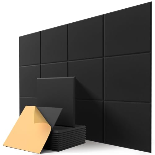 Image of Square Acoustic Wall Panels, Sound Absorbing Panels for Walls, Ceiling, Doors, 12 Pack 12 inchx12 inchx0.4 inch Self Adhesive Decorative Black Acoustic Tiles for Recording Studio, Office, Room, Home