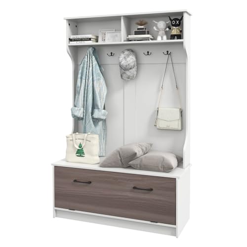 Costway 160 cm Hall Tree with Coat Rack and Storage Bench, Versatile Coat Rack with Entryway Bench, 5 Double Hooks, Independent Home Organizer for Entryway, Hallway, Bedroom, Black/White