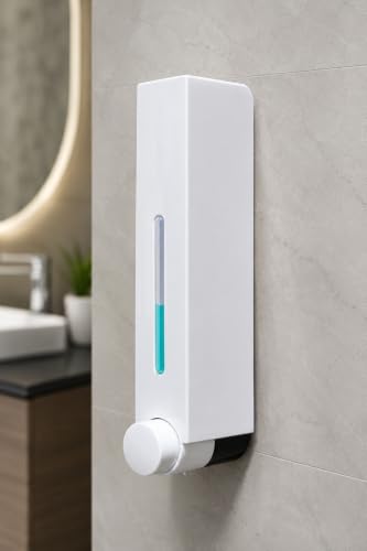 Image of BATH GURU ABS 420ml Wall Mounted Liquid Soap Dispenser for Bathroom, White | Premium Plastic Handwash Dispenser with Leakproof Pump for Liquid Soap, Shampoo & Sanitizer, Refillable for Bathroom, Kitchen