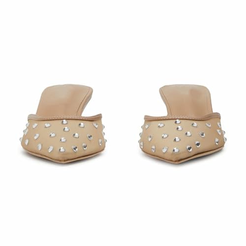 GORZADEUL Women Kitten Heel Mesh Rhinestone Mules Embellished Tulle Mules for Women Slip On Clear Pointed Toe Dress Shoes3
