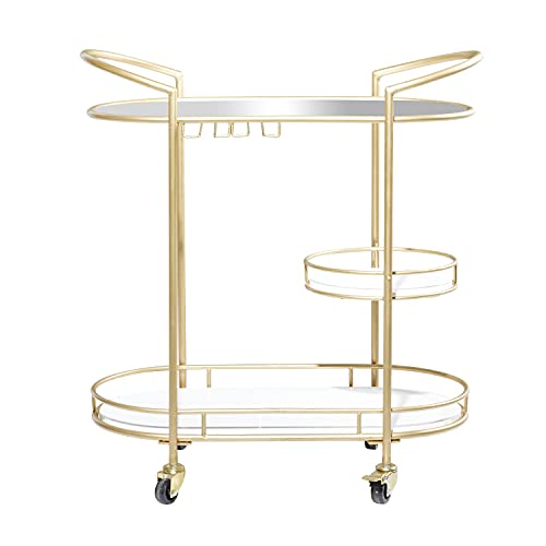 Deco 79 Metal Rolling 1 Glass And 2 Marble Shelves Bar Cart With Lockable Wheels And Mirrored Top, 31" X 16" X 33", Gold #TOP7