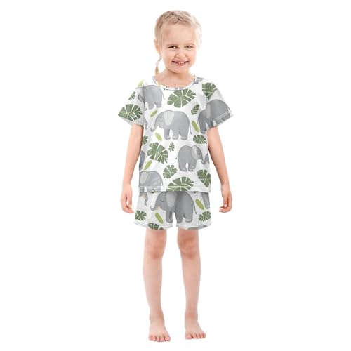 ALAZA Elephant Palm Leaf White Pajamas Short Sleeve 2 Piece Sleepwear Top and Bottom Pajama Set Unisex3