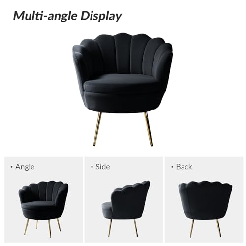 Image of HULALA HOME Modern Velvet Accent Chair with Shell Shaped Back, Cute Living Room Bedroom Armchair Sofa Chair with Gold Legs, Comfy Upholstered Vanity Chair for Makeup Room, Black