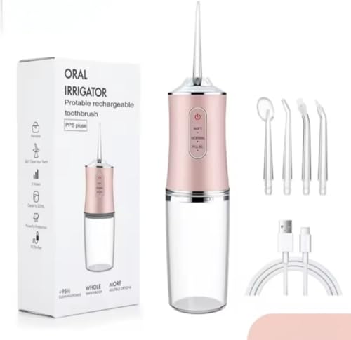 Irrigador Oral Portátil Recargable, 3 Modos, Rosa, con 4 Puntas y Cable USB