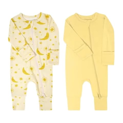 Teach Leanbh Baby Boys Girls 2 Pack Bamboo Viscose Pajamas with Mitten Cuffs 2 Way Zipper Long Sleeve Romper Jumpsuit Sleep and Play (Star Moon, 0-3 Months) Cover