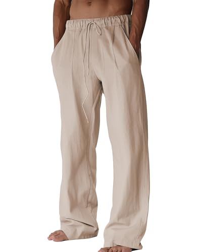 BUXKR Men's Linen Pants Beach Casual Cotton Summer Lightweight Elastic Waist Drawstring with Deep...
