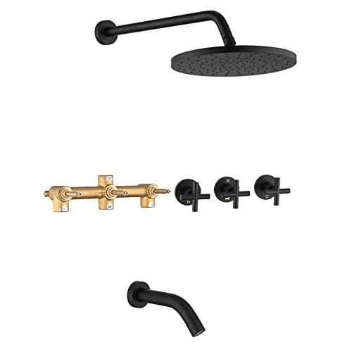 Proox 3 Handle Tub Shower Faucet Set, 10" Rainfall Shower Head With Tub And Shower Trim Kit With Rough-In Valve, Matte Black Bathtub Shower Faucets, Wall Mounted Bathroom Rain Shower System #TOP8