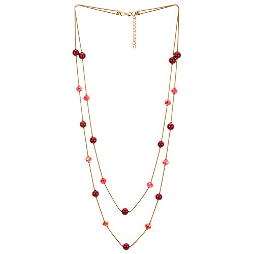 COOLSTEELANDBEYOND Or Rouge Statement Déclaration Collier Deux Brins Long Chaîne avec Rouge Cristal Perles Charmes Pendentif, à la mode