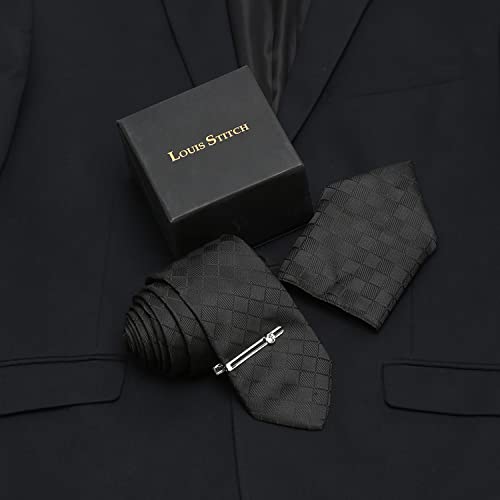 Image of LOUIS STITCH Mens Black Italian Silk Necktie Set Incl Pocket Square Chrome Tiepin American Style Formal Tie Gift Set for Men (TECPBL-#)