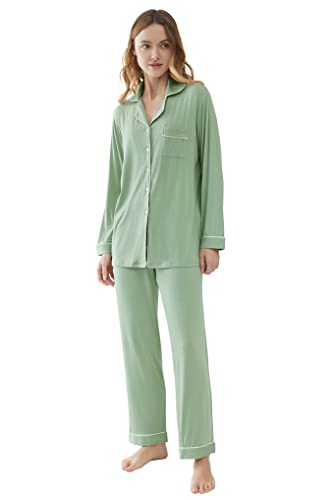 Image of Cherrydew Women Bamboo Viscose Cooling Long Sleeve Button Down Pajama Sets | Buttery Soft,Cooling Comfort,Breathable,Stretchy Fabric