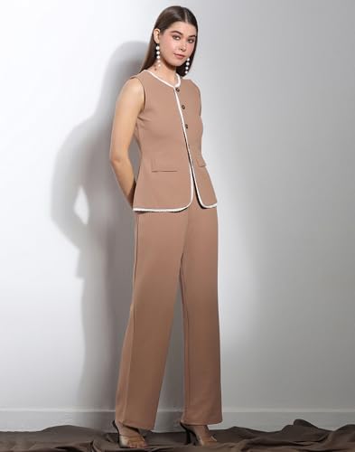 Image of Selvia Women's Sleeveless Button West Top with Straight Pants, Chic Formal Co-Ord Set