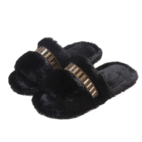 Women's Fluff Slippers Open Toe with Golden Chain Strap - Soft Fleece Lining, Non-Slip Rubber Sole, Stylish All-Season Indoor Shoes for Home & Office