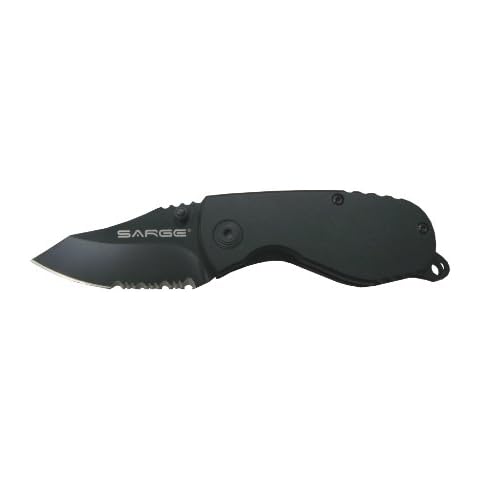 Sarge Knives SK-800 Compact Tactical Folder Knife with 2-1/2-Inch Partially Serrated Stainless Blade and 6061 Aircraft Black Handle, Black Cover
