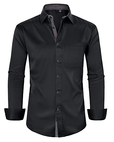 Alimens & Gentle Mens Long Sleeve Button Down Shirts Regular Fit Dress Shirt Black Large