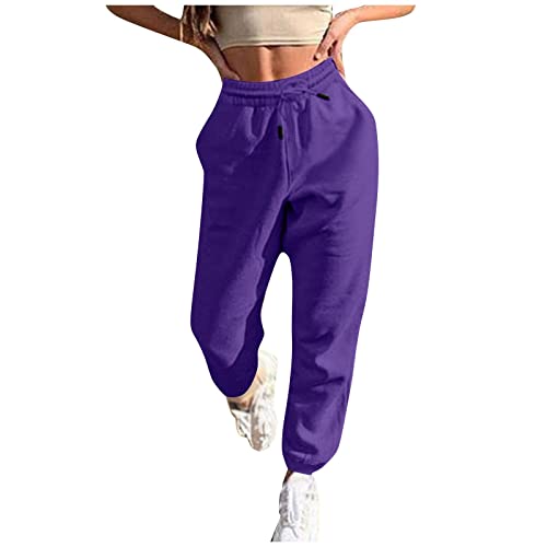 Azruma Reitleggings Damen Winter Leggings Damen Gefüttert Y2K Fashion Weiche Einfarbig Dehnbar High Waist Lang Schlupfhose Mit Kordelzug Lounge Baggy Pilates Jogger Hose Dicke Leggings(2-Purple,3XL)