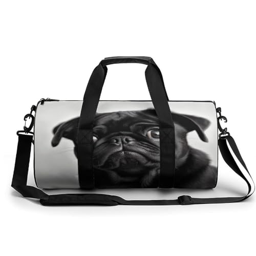 Cylindrical Gym Bag,Cute Black Pug Dog Sports Gym Bag,Workout Bags,travel Weekender Bag,Duffle Travel Bag for Men Women, 17.7in/9in/9in, style