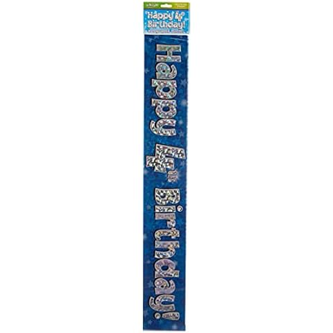 OakTree 624658" Happy 4th Birthday Foil Holographic Banner, Blue, 9 ft Cover