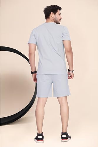 Image of HOODMASTER Men's Cotton Night Suit Set of Top & Knee Length Shorts with Round Neck Half Sleeves Solid Pattern Regular Fit and Standard Length | Mens Cotton Night Suit | T-Shirt and Shorts Sets