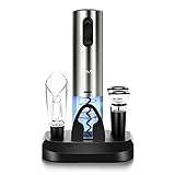 Flauno Electric Wine Opener Rechargeable - Automatic Wine Bottle Corkscrew Opener with Charging Base | Foil Cutter | Vacuum Stopper | Aerator Pourer | Gift Set for Wine Lover