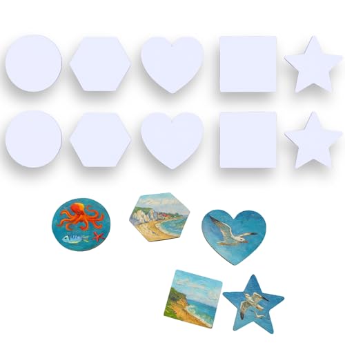 EXERZ Mini lienzos magnéticos (10 unidades) - Imanes nevera de 75 mm - Redondos, hexagonales, de corazón, cuadrados y de estrella - Pintura al óleo, acrílica y rotuladores
