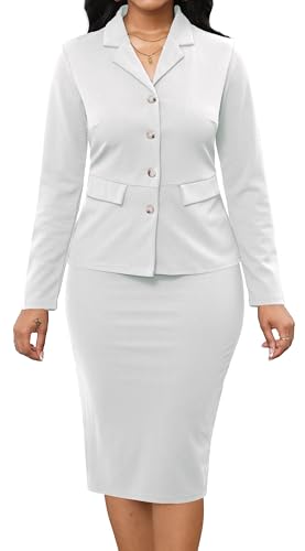 Women's 2 Piece Sets Business White Casual Blazer Jacket and Skirt Outfits Suits for Work Clothes with Buttons