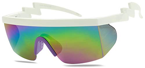 Image of ShadyVEU Semi Rimless Neon Rainbow Sunglasses Mirrored Lens UV Protection 80s Retro Rave Shades Crooked ZigZag Bolt Arm