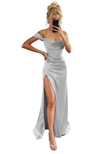 UZN Off Shoulder Satin Prom Dresses Long Cowl Neck with Slit Mermaid Formal Evening Party Gowns