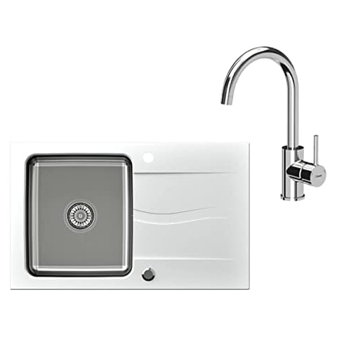 VBChome Spülbecken mit Armatur 78x48 Weiß Granit Edehlstahlbecken Küchenspüle Siphon reversibel Verbundabtropffläche Abtroffläche Einbauspüle Einzelbecken Modern Wasserhahn Chrom Cover