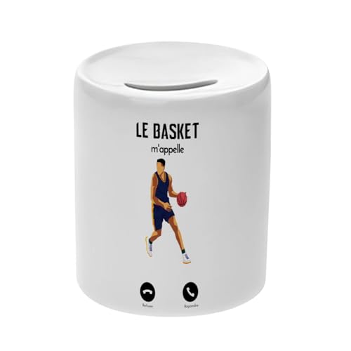 Tirelire Céramique Blanche - Le Basket m'appelle Sport Etats-Unis USA - Boîte à Monnaie avec Bouchon Décoration Chambre Imprimé en France
