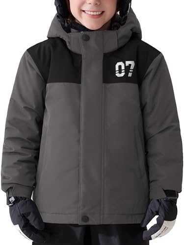 FREE SOLDIER Chaqueta de esquí impermeable para niños y niñas, forro polar, abrigo de nieve para invierno, chaqueta de invierno con capucha desmontable (gris negro, 4-5/niño)