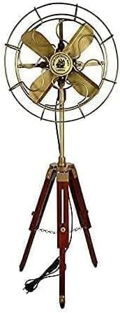 KS MART Antique Brass Pedestal Fan with Wooden Tripod Stand Handcrafted Vintage Style Decorative Electric Fan for Home, Office & Retro Collectible Décor
