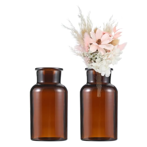 sourcing map Brown Glass Bud Vase Set of 2, Small Flower Vases for Centerpiece, Tiny 250ml Wide Mouth Vintage Clear Mini Vases in Bulk Assorted for Rustic Wedding Home Table Decor