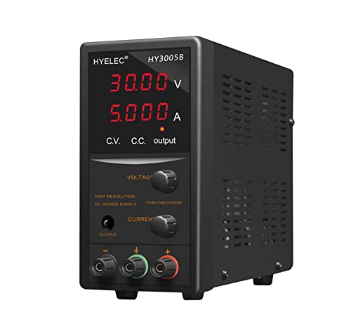 DC Power Supply Variable, Hyelec 30V 5A Adjustable Switching Regulated DC Bench Power Supply with 4 Digits LED Display, Data Hold,Coarse and Fine Adjustment with 110V Alligator Leads