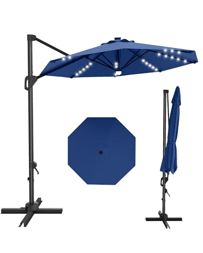 10FT Cantilever Umbrella Outdoor Patio Umbrella w/Base Included Market Offset Umbrella Sun Shade Windproof with 360-Degree Rotation for Patio Garden Deck Pool, Navy Blue