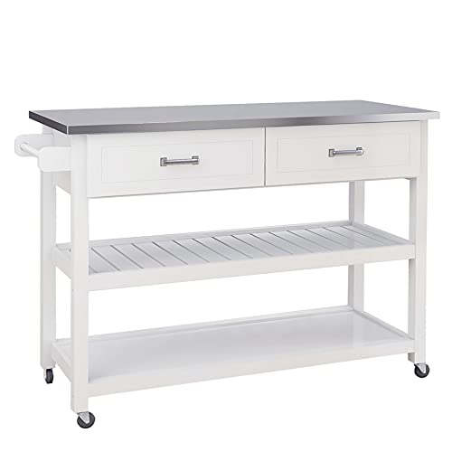 Amposei Kitchen Island 47’’ Stainless Steel Top Rolling Utility Cart On Wheels With Drawers And Storage Shelves (White) #TOP4