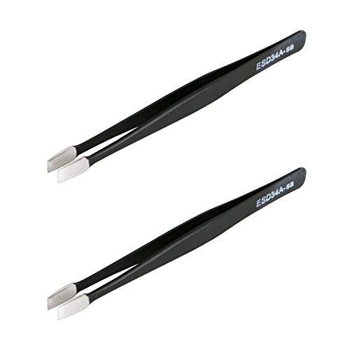 Aoje-Link ESD-34a Professional Anti-Static Precision Technology Tweezers, Non-Magnetic Flat Straight, Stainless Steel Plastic Coated, Full Length 120mm, Black, 2pcs