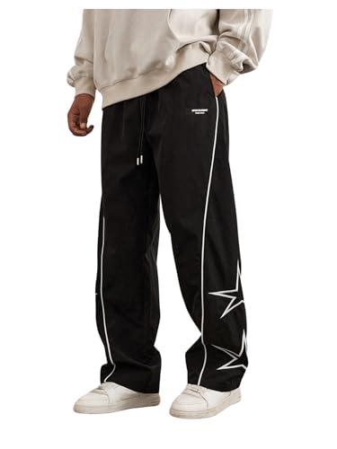 OYOANGLE Men's Graphic Print Drawstring Elastic Waist Cargo Pants Loose Fit Straight Leg Trousers