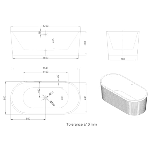 VBChome Badewanne 170 x 80 x 58 cm Weiß Acryl SET Premium Glamour-Badewanne mit Rillenstruktur Freistehend Badewanne Eingebauter Überlauf Siphon Chrom Inklusive Modern Komfort Elegant Top Qualität – Bild 6